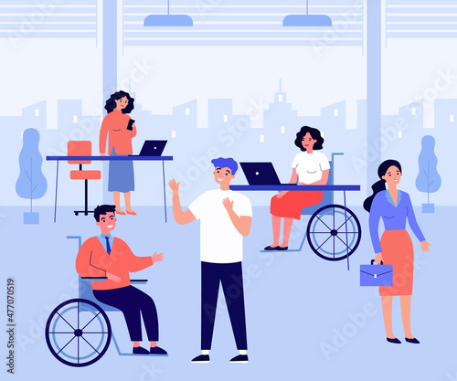 Accessible workplace with employees in wheelchairs. Office worker in wheelchair talking to colleague flat vector illustration. Accessibility concept for banner, website design or landing web page