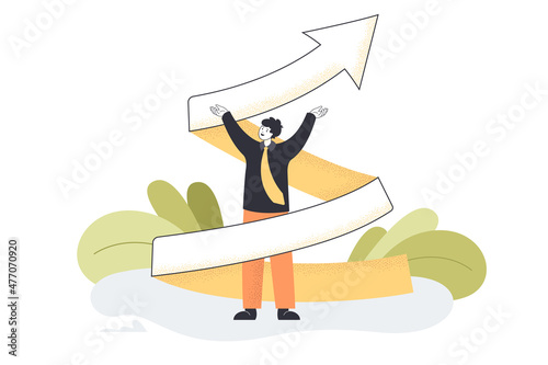 Career development, increase in skills of advanced businessman. Tiny man standing with twist arrow flat vector illustration. Process of personal evolution and growth, education, motivation concept