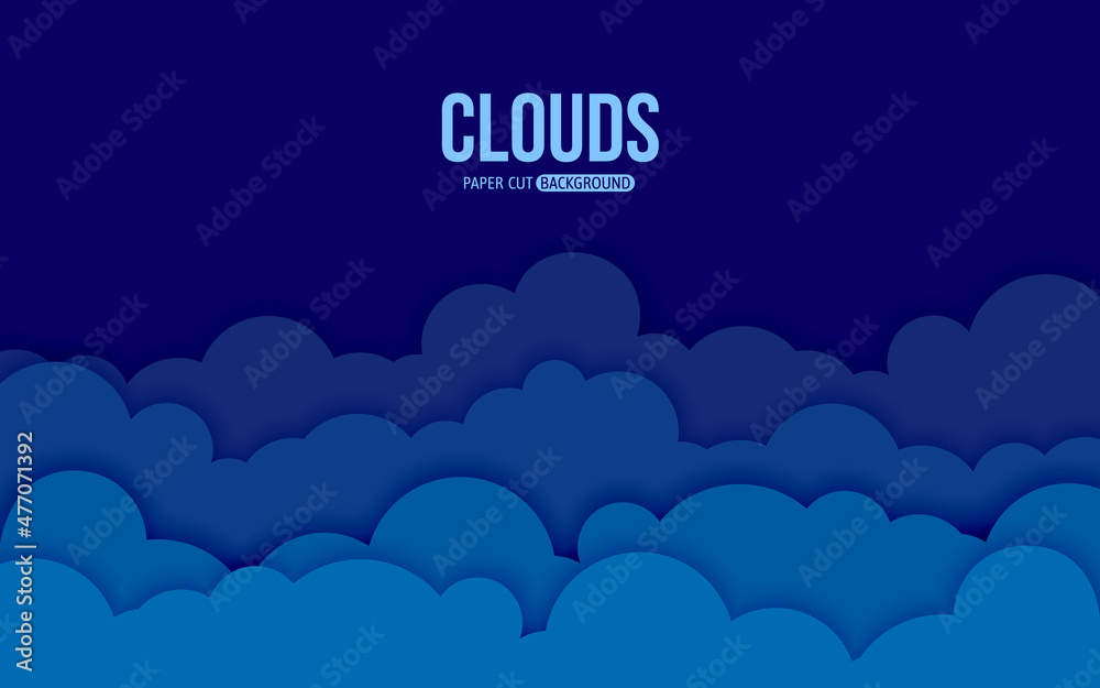 Cloud paper cut blue sky flat style. Cartoon volumetric splash wallpaper postcard. Night dark handcraft origami modern horizontal 3d background. Good weather invitation news vector illustration