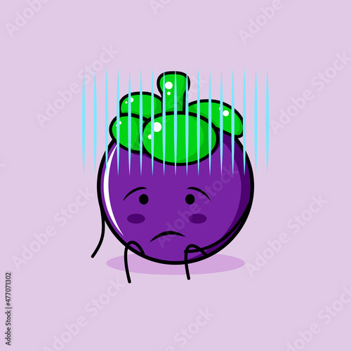cute mangosteen character with hopeless expression and sit down. green and purple. suitable for emoticon, logo, mascot and icon