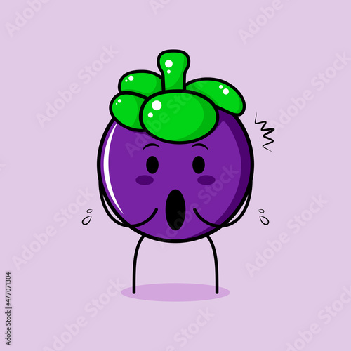 cute mangosteen character with impressed expression and mouth open. green and purple. suitable for emoticon, logo, mascot and icon