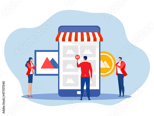 Non fungible token sell and buy art on market place illustration landing page for websites, mobile applications vector
