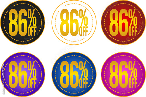 Set sale 86%off banners, discount tags, promotion stickers, vector illustration.	
