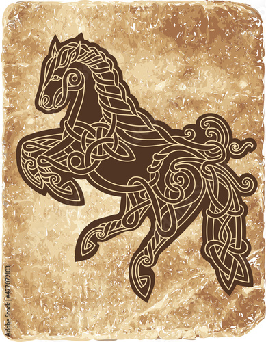 Ancient nordic celtic horse on the old texture. Scandinavian style pattern. Vector