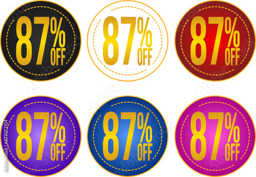Set sale 87%off banners, discount tags, promotion stickers, vector illustration.	
