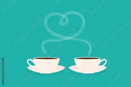 Vector illustration of a white mugs of lovers with hot tea or coffee and steam in the shape of a heart isolated on blue background.