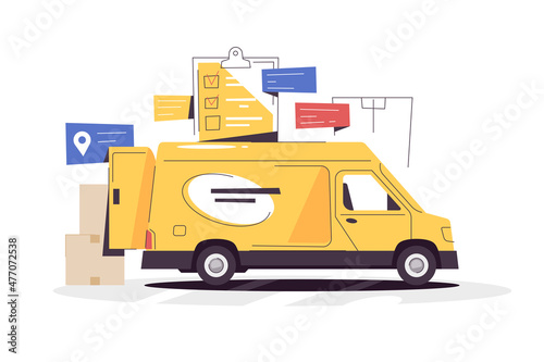 Yellow truck loaded with goods for delivery