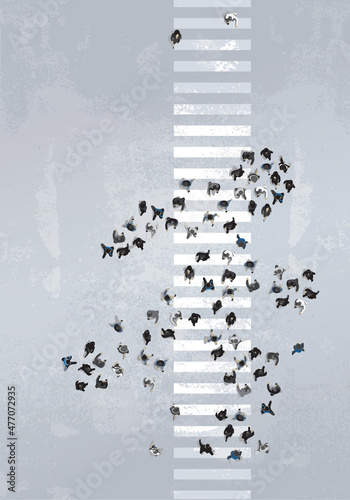 Abstract people crowd as running man silhouette on pedestrian-crosswalk zebra crossing. Aerial top view. Metaphor of behavior of people crowd or butterfly effect or swarming of people