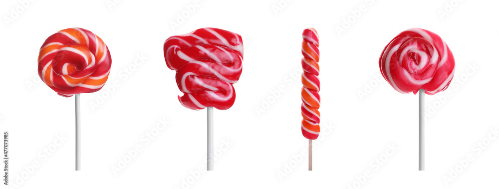 Set with tasty colorful lollipops on white background. Banner design Set with tasty colorful lollipops on white background. Banner design