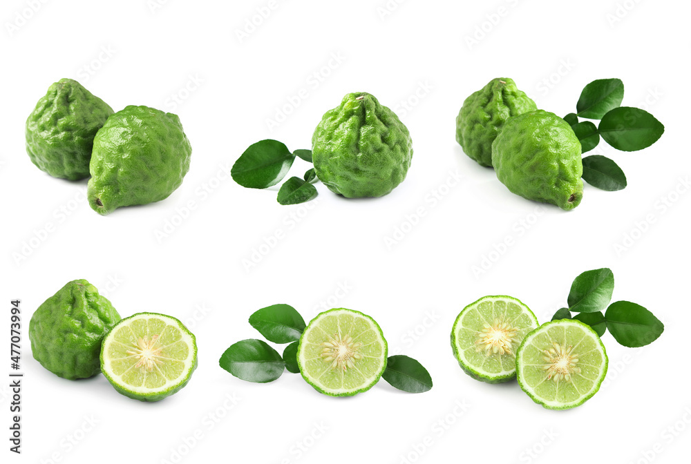 Fototapeta premium Set with fresh ripe bergamot fruits on white background