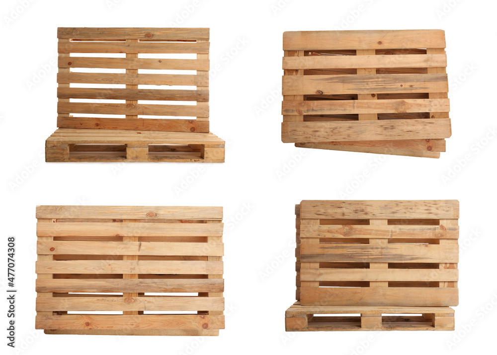 Set with wooden pallets on white background