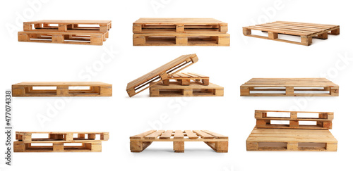 Set with wooden pallets on white background. Banner design