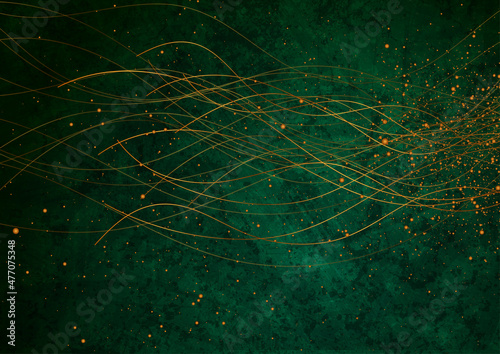Golden minimal wavy lines and dots on dark green grunge abstract background. Vector illustration