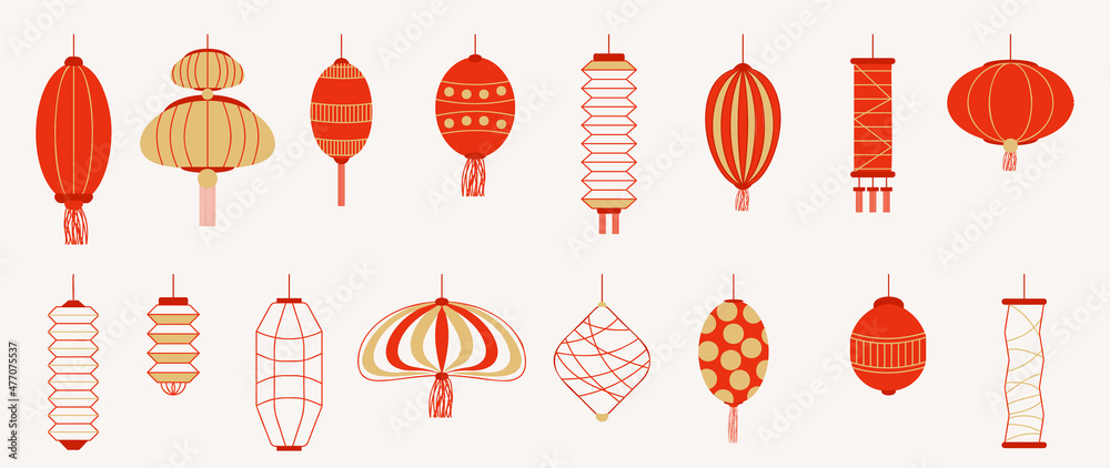 Chinese New Year Icons vector set. Chinese paper lantern and red lamp isolated icons of Asian Lunar New Year holiday decoration vector. Oriental culture tradition illustration. - obrazy, fototapety, plakaty 