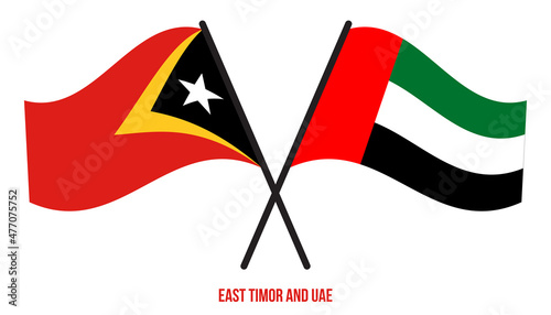 East Timor and UAE Flags Crossed And Waving Flat Style. Official Proportion. Correct Colors.