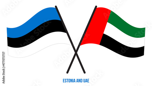 Estonia and UAE Flags Crossed And Waving Flat Style. Official Proportion. Correct Colors.
