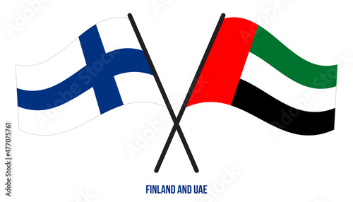 Finland and UAE Flags Crossed And Waving Flat Style. Official Proportion. Correct Colors.
