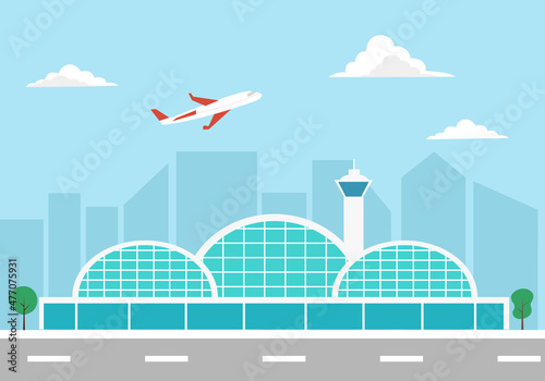 Airport building with airplane in flat design.