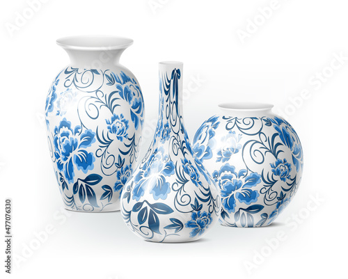 3d realistic icon set. Isolated. Chinese white porselain vases.