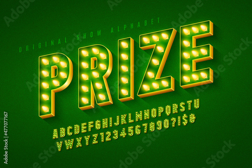 Retro cinema alphabet design, cabaret, LED lamps letters and numbers.