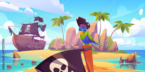 Pirate ship moored on secret island with funny parrot wear corsair cocked hat sitting on black Jolly roger flag at ocean landscape. Filibuster adventure book or game scene, Cartoon vector illustration