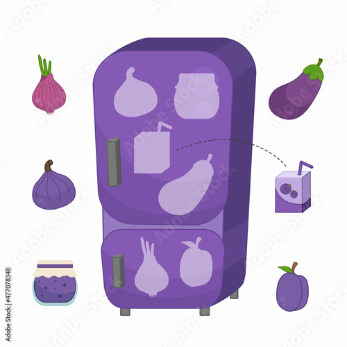 Educational game for learning color. Place the food in the refrigerator. Violet color.
