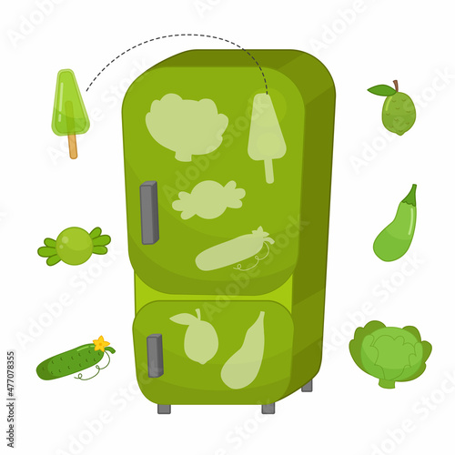 Educational game for learning color. Place the food in the refrigerator. Green color.
