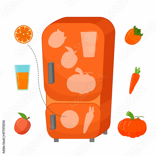 Educational game for learning color. Place the food in the refrigerator. Orange color.
