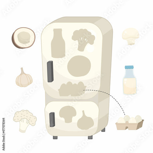 Educational game for learning color. Place the food in the refrigerator. White color.
 photo