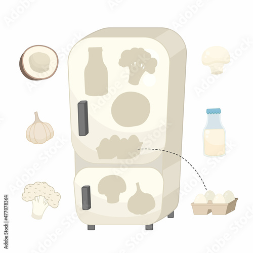 Educational game for learning color. Place the food in the refrigerator. White color.
