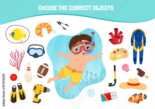 Educational game for children. Cartoon cute girl. Choose the correct objects. Cute boy swims with snorkel and diving mask.
