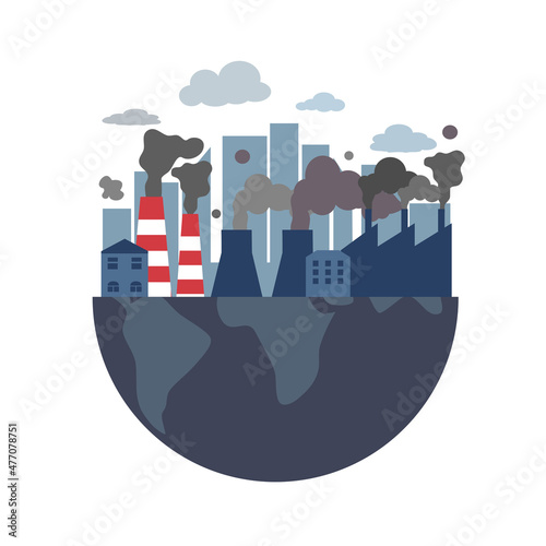 Global industrial air pollution concept vector illustration. Toxic gas from factory on the earth planet in flat design on white background.