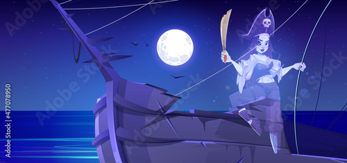Ghost of girl pirate holding sword on ship deck at night. Vector cartoon sea landscape with spirit of dead woman in buccaneer costume on wooden boat in moonlight. Halloween scary illustration