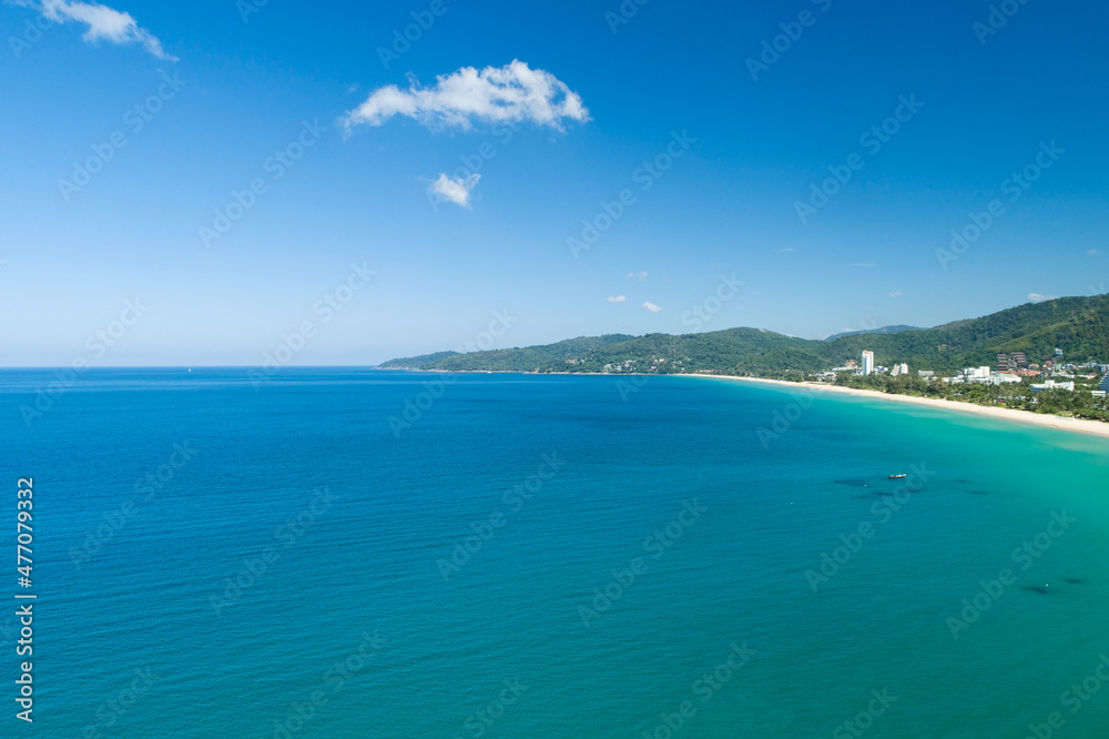 Aerial view Drone camera of Tropical sea at Karon beach Phuket Thailand Amazing beach Beautiful sea at phuket thailand