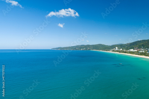 Aerial view Drone camera of Tropical sea at Karon beach Phuket Thailand Amazing beach Beautiful sea at phuket thailand