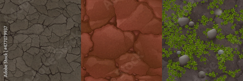 Textures of ground with stones and green grass, dry soil with crackes for game background. Vector cartoon seamless patterns of top view of land surface with dirt, clay, rubbles and plants