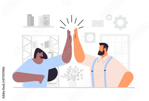 mix race businesspeople giving high five successful teamwork agreement concept