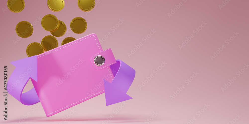Cash back sign with Pink leather wallet, dollars gold coins and arrow. 3d render with pink purse and cash with copy space for texts. Business and money-saving, cashless society concept.3D rendering. Cash back sign with Pink leather wallet, dollars gold coins and arrow. 3d render with pink purse and cash with copy space for texts. Business and money-saving, cashless society concept.3D rendering.
