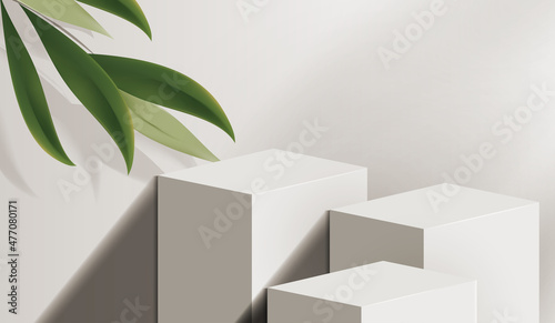 Cosmetic background and premium podium display for product presentation branding and packaging presentation. studio stage with shadow of leaf background. vector design