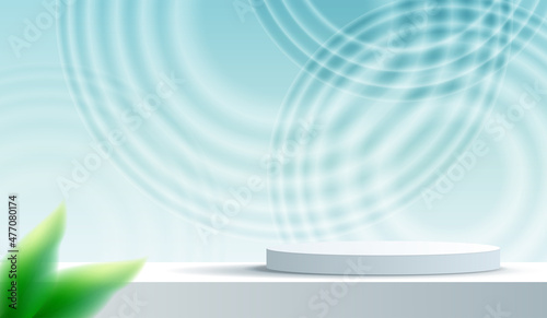Premium podium display closeup of blue transparent clear calm water surface texture with splashes and bubbles for cosmetic moisturizer background. studio stage with shadow of background. vector design