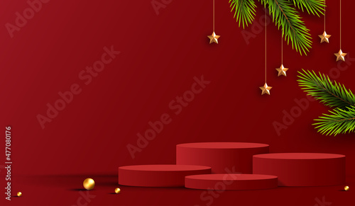 Merry Christmas is geometry podium shape for show cosmetic product display. stage pedestal or platform. winter christmas red background with tree xmas for promotion product. vector design