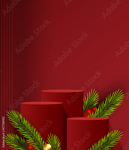Merry Christmas is geometry podium shape for show cosmetic product display. stage pedestal or platform. winter christmas red background with tree xmas for promotion product. vector design