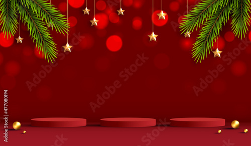 Merry Christmas is geometry podium shape for show cosmetic product display. stage pedestal or platform. winter christmas red background with tree xmas for promotion product. vector design