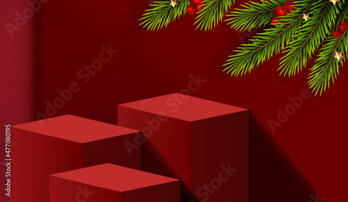 Merry Christmas is geometry podium shape for show cosmetic product display. stage pedestal or platform. winter christmas red background with tree xmas for promotion product. vector design