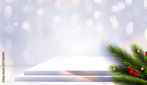 Merry Christmas is geometry podium shape for show cosmetic product display. stage pedestal or platform. winter christmas red background with tree xmas for promotion product. vector design