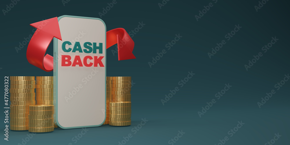 Cash back icon with gold coin and smart phone isolate on dark blue background. cashback or Refund money service design. Online payment with copy space. Income, savings, investment, 3d rendering.