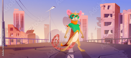 Canvas Mouse superhero with cape and mask on street of destroyed city