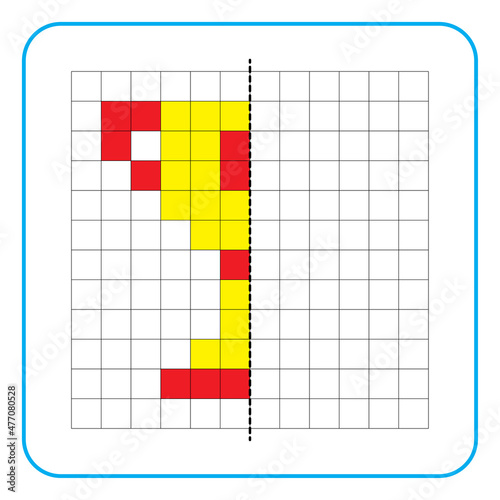 Picture reflection educational game for kids. Learn to complete symmetry worksheets for preschool activities. Coloring grid pages, visual perception and pixel art. Complete the trophy cup image.