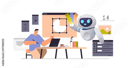 designer and robot drawing with pen in graphic editor on laptop creating website user interface artificial intelligence