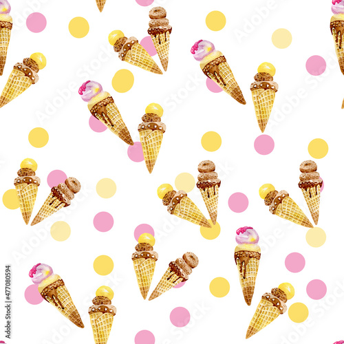 Ice cream in a cone seamless pattern digital paper wallpaper fabric background watercolor by hand